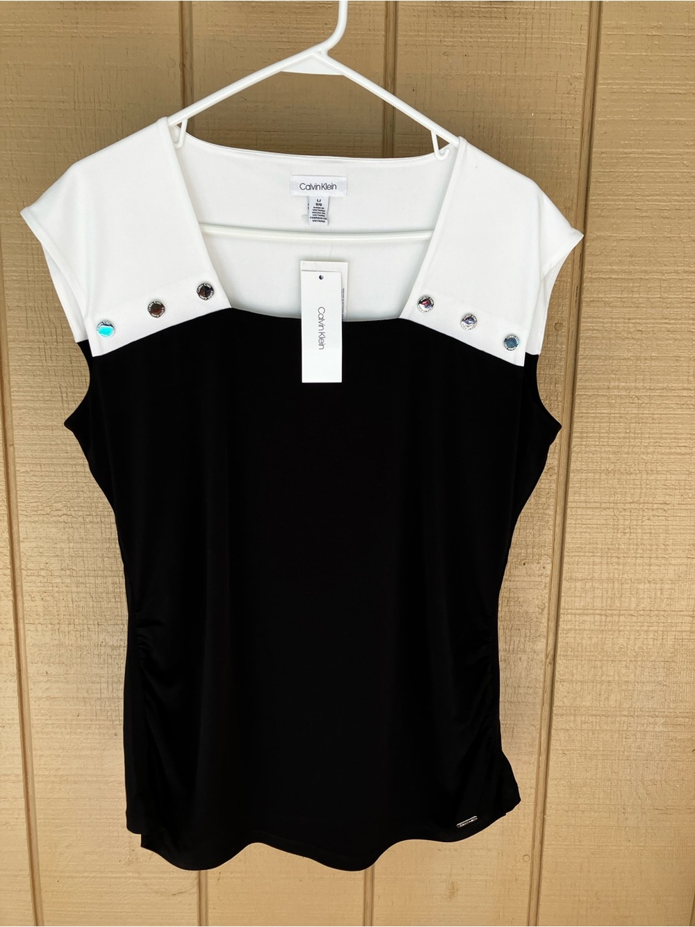 Calvin Klein Black and White Cap Sleeve Tank with Stud Accents
